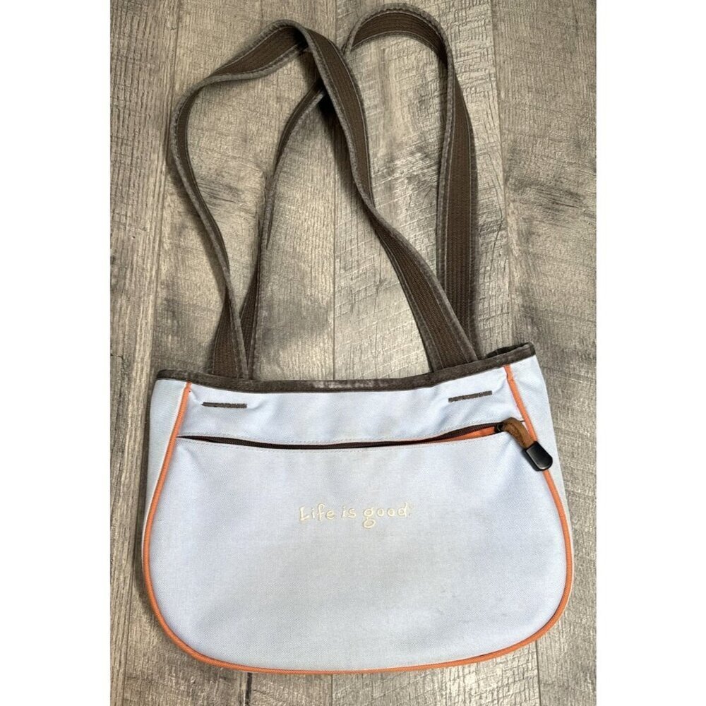 Life Is Good Purse Canvas Shoulder Bag Distressed Blue Brown Womens Y2K